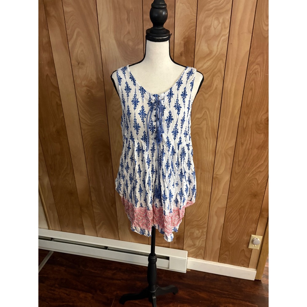 QED London Womens Blue Red Block Print Tassel Lace Up Tunic Top Size 8 US 12 UK